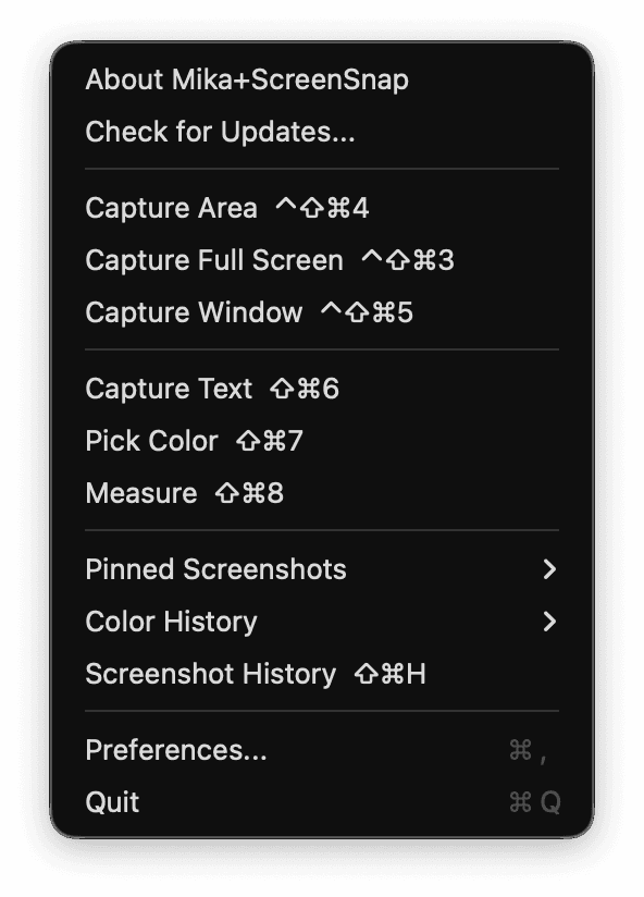 The Mika+ScreenSnap menu bar dropdown listing every capture mode with its keyboard shortcut