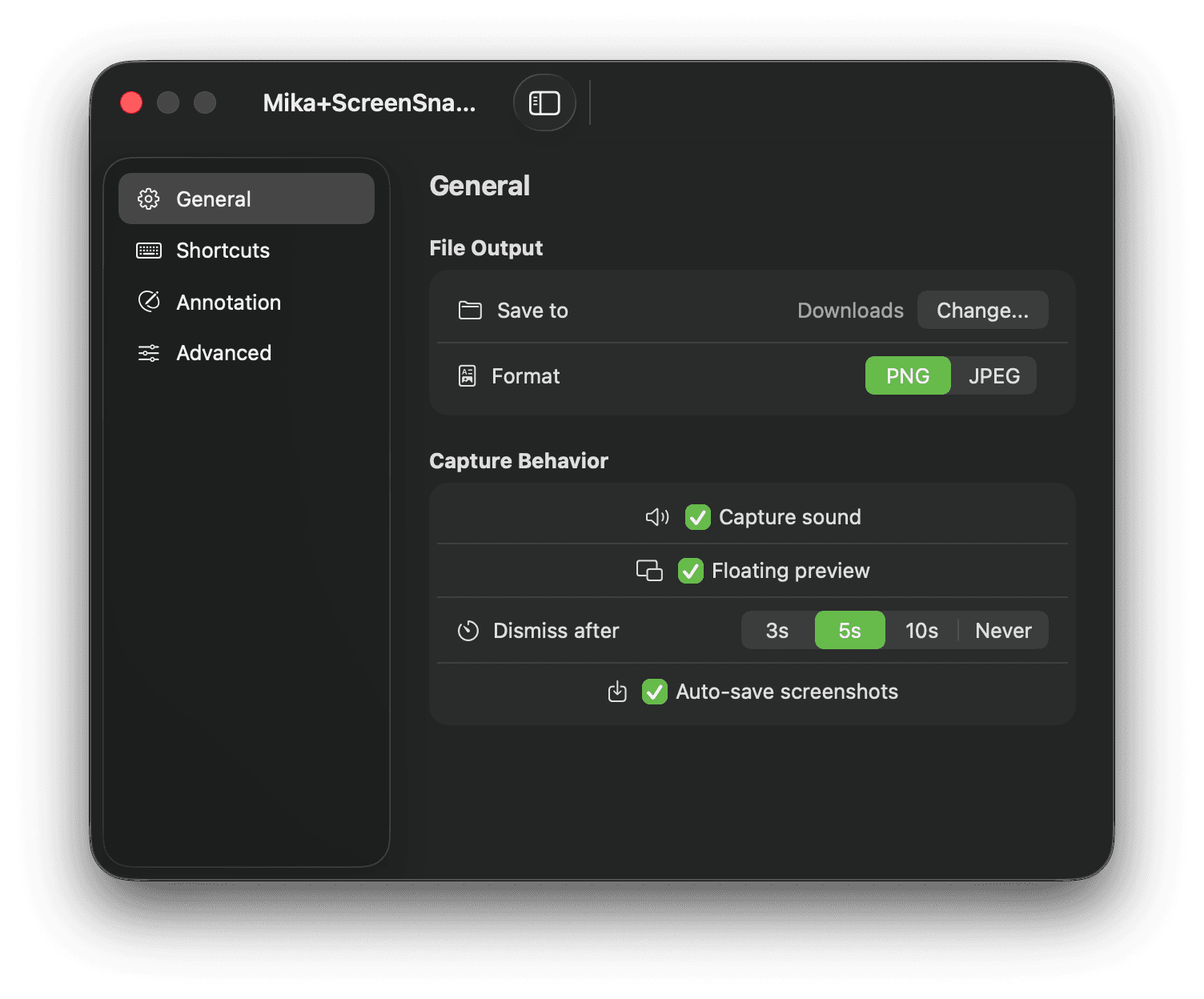 The settings window showing the General tab with file output and capture behaviour options